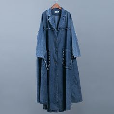 Pattern Type: Solid Sleeve Type: Long Sleeve Material: Denim Cotton Occasion: Holiday, Daily Process: Pockets, Buttoned Style: Vintage, Casual Theme: Spring/Fall Color: Blue, GrayOne Size:Length: 110.00-122.00 cm/43.31-48.03 ''Bust: 150.00 cm/ 59.06 ''Waist: 200.00 cm /78.74 ''Shoulder: 51.00 cm/ 20.08 ''Sleeve Length: 49.00 cm/ 19.29 '' Denim Coat Outfit, Spring Coat Outfit, Long Denim Coat, Denim Coat Women, Spring Denim, Loose Coat, Loose Coats, Big Pockets, Coat Outfits