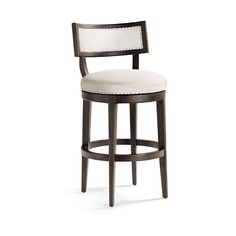 an upholstered bar stool with a white fabric seat and backrest, viewed from the front