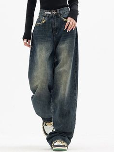 45700393238745 Dark Wash Vintage Baggy Boyfriend Jeans, Jnco Women’s Jeans, Woman Baggy Jeans, Faded Jeans Outfit, Super Baggy Jeans, Baggy Boyfriend Jeans, High Waisted Baggy Jeans, Vintage Jeans Style, Blue Baggy Jeans