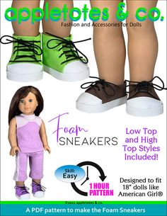 No-Sew Foam Sneakers 18 Inch Doll Pattern – Appletotes & Co. Sew Doll, Journey Girl Dolls, Doll Shoe Patterns, Two Cool, Girls Clothes Patterns, American Girl Patterns, American Girl Doll Patterns, Journey Girls, Sneakers Patterns