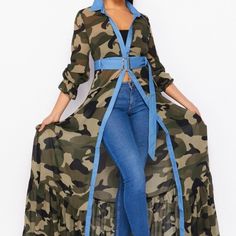 Light Weight Flowing Long Sleeved With Ruched Wrist And Bell Sleeves. This Item Is Sheer Collar Maxi Dress, Patchwork Shirt, Long Kimono, Ruffled Maxi Dress, Long Sleeve Cardigan, Shirt Collar, Kimonos, Long Maxi Dress, Camouflage