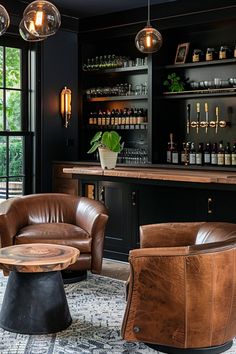 a bar with leather chairs and stools in front of it