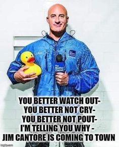 a bald man holding a rubber duck in his hand and an ad with the caption you better watch out, you better not cry - you better not put i'm telling you why