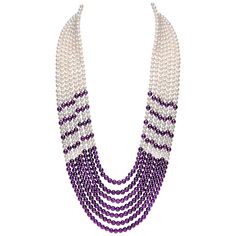 This unique seven row Freshwater pearl and amethyst necklace by Yoko London is simultaneously striking and elegant. Expertly hand crafted in our London atelier, this spectacular necklace will add a sumptuous pop of colour to any outfit. - 5-5.5mm Freshwater Pearls - Amethysts - 18 Karat White Gold Clasp Pearl And Amethyst, Dramatic Necklace, London Jewelry, Magnificent Jewels, Beads Ideas, Pearl And Diamond Necklace, Micro Mosaic, Round Necklace, Yoko London