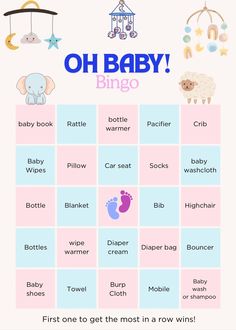 a baby shower game with the words oh baby on it and other items in pink, blue