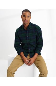 There's a reason we call it Flagship™ Flannel. Made from ringspun combed cotton and carefully brushed (on both sides) for a softer hand, it's the commander of the fleet when it comes to comfort. We got the weight just right, too – so it's warm but won't overheat – and tailor each with a single chest pocket, buttondown collar, two-button adjustable cuffs and a two-ply box pleat for extra room in the shoulders. Soft, carefully brushed flannel Buttondown collar Chest pocket Roomy Classic Green Flannel Shirt For Fall, Green Cotton Flannel Shirt With Relaxed Fit, Green Relaxed Fit Cotton Flannel Shirt, Green Relaxed Fit Shirt For Winter, Green Relaxed Fit Winter Shirt, Winter Green Cotton Flannel Shirt, Green Cotton Flannel Shirt For Winter, Green Flannel Shirt For Winter, Blackwatch Plaid