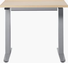 an office desk with a wooden top and metal legs, viewed from the front view