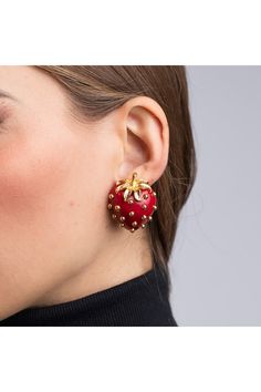 These bright and fun fruit inspired earrings will have you craving strawberries for days.  Gold Red enamel Pierced earrings  Featured in Spur Magazine/April 2019 Fun Fruit, Fruit Earrings, Best Fruits, Long Style, Kenneth Jay Lane, Clip Earrings, Animal Jewelry, Earings Piercings, Red Gold