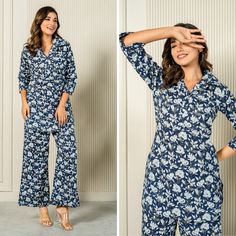 Introducing our Navy Blue Elegance Cotton Loungewear Co-Ord Set, designed to provide the ultimate blend of comfort and style. Crafted from pure, natural cotton, this loungewear set is perfect for those who value both elegance and comfort. The deep navy blue color adds a touch of sophistication, making it a beautiful addition to any nightwear collection. This co-ord set features a relaxed fit that ensures maximum comfort, whether you're lounging at home, sleeping, or enjoying a quiet evening. The Blue Printed Sleepwear For Lounging, Blue Relaxed Fit Sleepover Sets, Relaxed Fit Blue Sleepover Sets, Relaxed Fit Blue Sleepwear For Relaxation, Blue Cotton Sets With Long Pants, Blue V-neck Sleepwear Set, Blue V-neck Sleep Set, Fitted Cotton Sets For Relaxation, Blue Printed Loungewear Sets