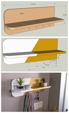 three different views of the same shelf with some plants on it and one showing how to cut