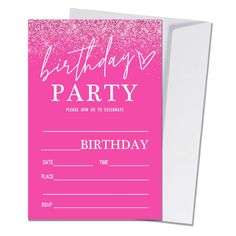 a pink birthday party card with glitter on it