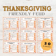 a thanksgiving printable with the words,'thanksgiving friendly feud'in orange and white