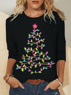 Womens Christmas Tree Light Crew Neck Casual Tops Christmas Tree Print, Blue Christmas Tree, Holiday Tops, 2023 Christmas, Long Sleeve Tops Casual, Crew Neck Top, Tree Print, Christmas Women, Fall Wardrobe