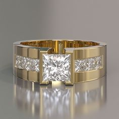 a gold ring with a princess cut diamond in the center and channel set diamonds on each side