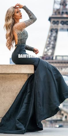 Black Satin Long Sleeve Beaded Mermaid Backless Prom Dresses, FC2362 – Dairy Bridal Glam Poses, Beaded Mermaid, Satin Noir, Satin Long Sleeve, Backless Prom Dresses, Braided Hair, Beauty Dress, Future Wife, Fairy Angel