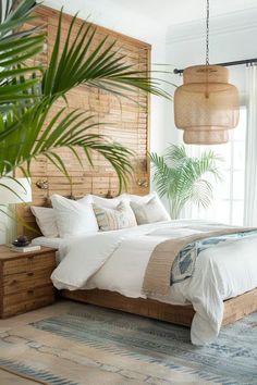 a bed with white linens and pillows in a bedroom next to a large palm tree