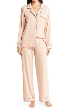 A caress-worthy jersey knit lends alluring drape to the simple lines of boyfriend-inspired pajamas. 26" top length; 31" inseam; 19" leg opening; 9" front rise; 11" back rise (size Medium) Top has front button closure; chest patch pocket Pants have elastic waist Viscose/spandex or modal/spandex Machine wash, tumble dry Imported Latinx Owned and Founded Knit Pajamas, Dear Ava, Mother Daughter Necklace, Mother Daughter Gifts, Best Gifts For Mom, Vintage Portraits, Perfect Gift For Mom, Pocket Pants, Simple Lines