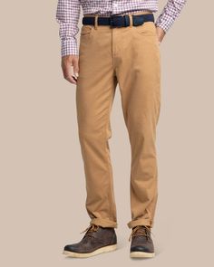 The front view of the Southern Tide Sullivan Five Pocket Pant by Southern Tide - Hazelnut Khaki Southern Tide, Sophisticated Dress, Cute Swimsuits, Comfy Sweaters, Khaki Shorts, Pocket Bag, Quarter Zip Pullover, Pocket Pants, Mens Pants Casual