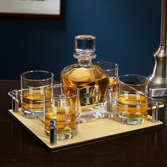 a bottle of whiskey and glasses on a tray