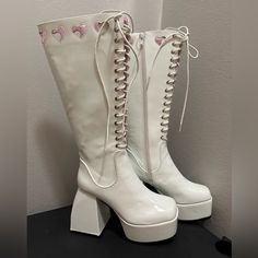 Super Cute. Has Cut Out Hearts Around Top Of Boot Shaft. Sugar Thrillz Sugar Thrillz Shoes, High Platform Boots, Knee High Platform Boots, Sugar Thrillz, Shoes White, Platform Boots, Knee High, Cut Out, Super Cute