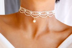 Adjustable with extender from 12.0 to 15.0 inches, for other custom lengths please write your preferred measurements in the order note x White Pearl Charm Choker For Party, Elegant White Pearl Charm Choker, Elegant White Choker With Pearl Charm, Dainty Pearl Charm Choker For Wedding, White Pearl Drop Choker, Elegant White Pearl Drop Choker, Elegant White Choker With Pearl Drop, Elegant Lace Choker Jewelry, Delicate White Choker For Wedding