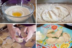 four different pictures showing dough being made