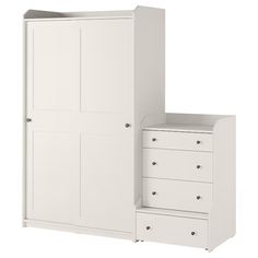 a white wardrobe with two drawers next to it