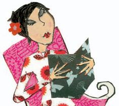 a drawing of a woman in a kimono holding a fan and looking at her phone