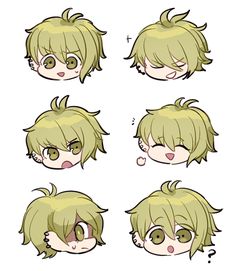 various facial expressions for an anime character with green hair and blonde hair, including the eyes and