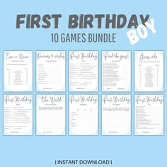 the first birthday games bundle is shown in blue and white with black writing on it