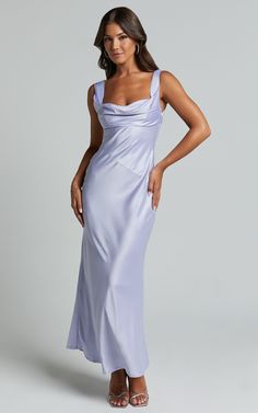 Cecilia Midi Dress - Cowl Neck Satin Bias Cut Dress in Lilac | Showpo USA Elegant Lavender Maxi Dress For Prom, Fitted Lavender Dress For Gala, Lavender Formal Dress For Prom Season, Lavender Fitted Maxi Dress For Formal Occasions, Elegant Lavender Gown With Sweetheart Neckline, Fitted Lavender Maxi Dress For Formal Occasions, Elegant Blue Bridesmaid Dress With Ruched Bodice, Elegant Purple Maxi Dress With Ruched Bodice, Lavender Party Dress With Ruched Bodice