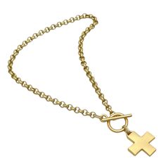 Cross Pendant on Matte Gold Chain Necklace Measures 17" With Toggle Closure Finish Matte 18KT Gold Plated Made In the USA Style Number: DN128 Gift Cross Necklace With Cable Chain, Yellow Gold Pendant Toggle Necklace Gift, Elegant Cross Necklace With Lobster Clasp, Formal Cross Pendant Necklace With Chain, Formal Cross Pendant Chain Necklace, Oval Link Toggle Necklace Gift, Yellow Gold Cross Chain Jewelry, Yellow Gold Cross Chain Necklace, Formal Cross Chain Necklaces