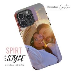 a phone case with a photo of two people in the background and text that reads, spirit & style custom design