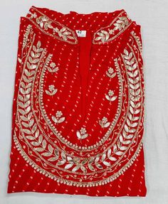 Heavy collar work kurti Beautiful traditional 60 gram CYC georgette fabric Bandhej and Leheriya print kurties with hand work Sizes . L-40, XXL-42 XXL-44, XXXL-46, Length : 44 Red Salwar Kameez With Mirror Work Straight Kurta, Red Semi-stitched Kurta With Gota Work, Traditional Georgette Palazzo Set With Gota Work, Red Straight Kurta With Mirror Work, Red Semi-stitched Kurta With Mirror Work, Designer Kurta With Mirror Work For Navratri, Kurta With Mirror Work For Navratri, Red Kurta With Gota Work For Celebration, Red Kurta With Gota Work For Party