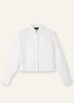 Silk Crop Tux Shirt | ME+EM Timeless Tailored Tops For Office, Elegant Tailored Tops With Concealed Placket, Elegant Formal Tops With Concealed Placket, Classic White Silk Shirt, Classic Top With Concealed Placket, White Silk Top For Semi-formal Occasions, Fitted White Silk Shirt, White Fitted Silk Shirt, Luxury Formal Top With Lapel Collar