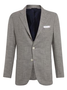 This single-breasted grey micro-houndstooth jacket comes in an exclusive blend of cashmere, silk, cotton and wool. Kiton has always been important at Kiton. At our woollen mill in Biella, we are constantly experimenting, meaning that we create innovative fibres and textures with a specific focus on sustainability and protecting the environment. . Every Kiton jacket is a design tour-de-force, on a journey of sartorial exploration and evolution which is redefining menswear with a focus on understated lines. Each jacket is entirely hand-cut and sewn by around 25 master craftsmen in Naples who devise and perform a 1800-step architectural process. The linen pocket square has been hand-embroidered with the red polka dot detail. Perfect for leisure, it will give a chic, sophisticated twist to you Timeless Tweed Jacket With Single Button, Luxury Wool Outerwear With Houndstooth Pattern, Classic Wool Houndstooth Tweed Jacket, Classic Wool Tweed Jacket With Houndstooth Pattern, Wool Tweed Jacket With Houndstooth Pattern And Lapel Collar, Timeless Tweed Jacket With Long Sleeves And Welt Pockets, Luxury Business Blazer With Houndstooth Pattern, Luxury Wool Blazer With Houndstooth Pattern, Wool Sport Coat With Houndstooth Pattern And Notch Lapel