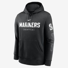 Designed with neutral Seattle Mariners graphics, the Fashion Club Hoodie features a cozy fleece lining to help you comfortably support your favorite ball club in chilly temperatures. Winter Sports Fleece Sweatshirt, Fleece Sweatshirt For Winter Sports Events, Winter Fleece Sweatshirt For Sports Events, Nike Sports Fan Apparel Sweatshirt, Nike Sweatshirt For Sports Season Fan Apparel, Nike Collegiate Sports Hoodie, Nike Collegiate Hoodie For Sports, Nike Hoodie With Letter Print For Sports Season, Collegiate Sports Hoodie For Winter