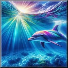 a painting of a dolphin swimming in the ocean with sunbeams and clouds above it