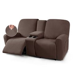 the reclining loveseat with cup holders and arm rest is shown in brown fabric