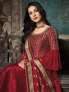 Red Rouge Golden Embroidered Designer Silk Anarkali Suit – Hatkay.com Silk Anarkali Suits, Silk Anarkali, Designer Anarkali Suits, Bollywood Outfits, Designer Anarkali, Indian Wedding Wear, Anarkali Gown, Salwar Kameez Designs, Silk Gown