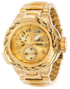 This Invicta watch from the SHAQ collection holds a Quartz movement as well as 0.1764 carats of diamonds, and it features a sturdy Gold case. On its face you can find a Gold, White, Metal dial covered by a durable Flame Fusion Crystal. This style is finished by a reliable Gold Tone, Stainless Steel band, and it offers 500m. water resistance.Imparting a formidable aesthetic, the Invicta Shaq collection embodies the attributes and energy of the world-renowned Shaquille O’Neal. Having selected key Watch Display Case, Mens Invicta Watches, Diamond Watches For Men, Premium Watches, Best Watches For Men, Invicta Watches, Shaquille O'neal, Buy Watches, Stylish Watches