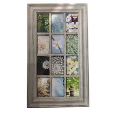 a silver frame with many different pictures on the front and back side, including flowers