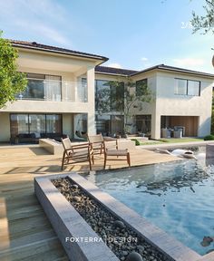 a house with a pool in front of it