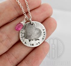 Fingerprint and actual handwriting memorial keepsake necklace with choice of birthstone - Maya Belle Jewelry Stamped Sterling Silver Heart Pendant Necklace, Custom Engraved Sterling Silver Necklace With Heart Pendant, Custom Sterling Silver Necklace With Engraved Heart Pendant, Custom Engraved Sterling Silver Heart Pendant Necklace, Customizable Silver Jewelry For Keepsakes, Valentine's Day Engraved Sterling Silver Custom Necklace, Valentine's Day Engraved Sterling Silver Necklace, Stamped Heart Jewelry For Anniversary, Heart-shaped Stamped Jewelry For Anniversary