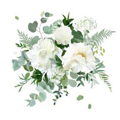 white flowers and greenery are arranged in the shape of a bouquet on a white background