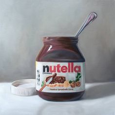 a painting of a jar of nutella with a spoon sticking out of the jar