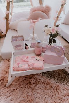 a table with pink items on top of it