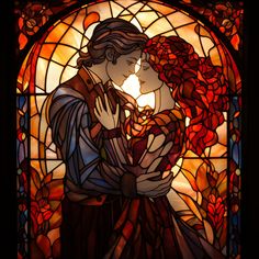 a stained glass window with a couple kissing