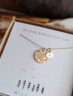 Personalized Birth Flower Necklace, Birth Flower Jewelry, Hand Stamped, 14k Gold Filled, Silver, Custom Initial Necklace, Mothers Day Gift, Christmas Gift This beautiful Birth Flower necklace is a great gift! This necklace features a beautiful flower of your choice (see Birth flower sample chart) with floral edges + an initial disc with the initial of your choice - hanging from a dainty and sparkling chain of your choice of length.  Please note: every custom floral birth flower necklace will hav 14k Gold Jewelry With Flower Charm For Anniversary, Yellow Gold Charm Necklace With Flower For Wedding, 14k Gold Birth Flower Jewelry For Mom, Rose Gold 14k Birth Flower Jewelry, 14k Rose Gold Jewelry With Flower Charm, Mother's Day 14k Gold Flower Necklace, 14k Gold Birth Flower Necklace For Mother's Day, Anniversary Jewelry With Flower Charm Pendant, Dainty Jewelry With Flower Charm For Anniversary