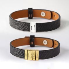 "This leather bracelet is engraved with kids' names. Available in sterling silver with 18K gold plate options, this is the perfect gift for Dad on Father's day, at Christmas or a special day. You can select the number of kids' charms P R O D U C T ∙ I N F O * Word limit: 9 letters/charm * Materials: Genuine Leather with sterling silver charms. * Finishing: Silver, Gold * Dimensions: Leather width measures .approx 3/8\"\" (11mm). The charm measures approx. 1/2\"x 1/8\" (13x3mm). * Size: We have 3 Father's Day Gift Silver Leather Bracelet, Father's Day Silver Leather Bracelet Gift, Father's Day Silver Leather Bracelet, Personalized Engraved Leather Jewelry, Customizable Name Bracelet For Father's Day, Modern Leather Bracelet For Father's Day Gift, Adjustable Gold Name Bracelet With Engraving Option, Personalized Silver Leather Bracelet For Anniversary, Classic Leather Bracelet For Father's Day Gift